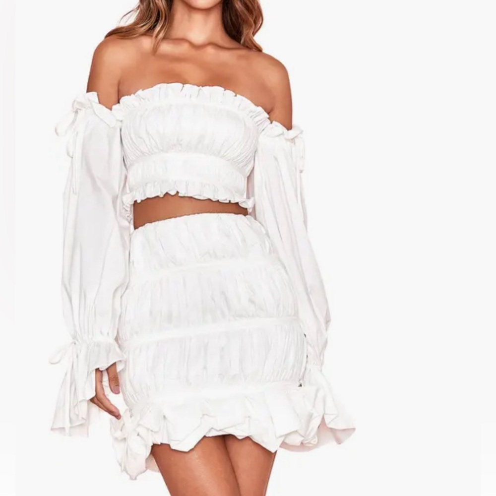 House of CB White Off-Shoulder Ruffle Peasant Crop Top